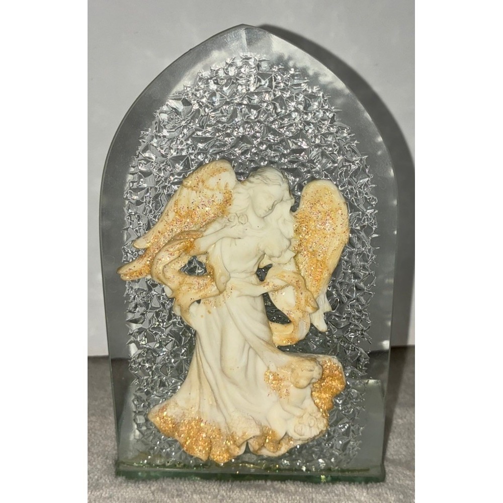 Candle Holder‎ Angel Cherub Baby Glass Decor Glitter 6x4" Vintage